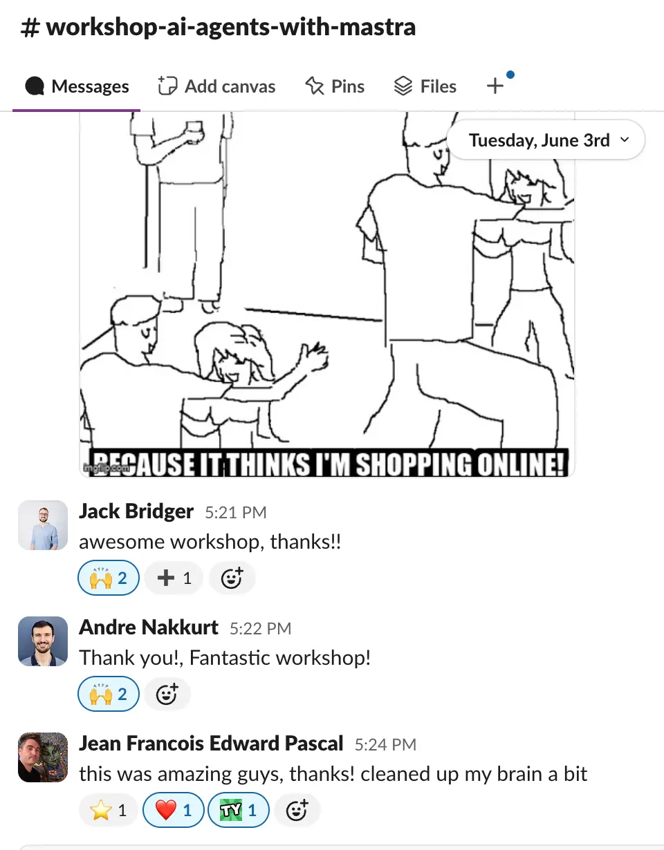 Workshop feedback praising hands-on approach