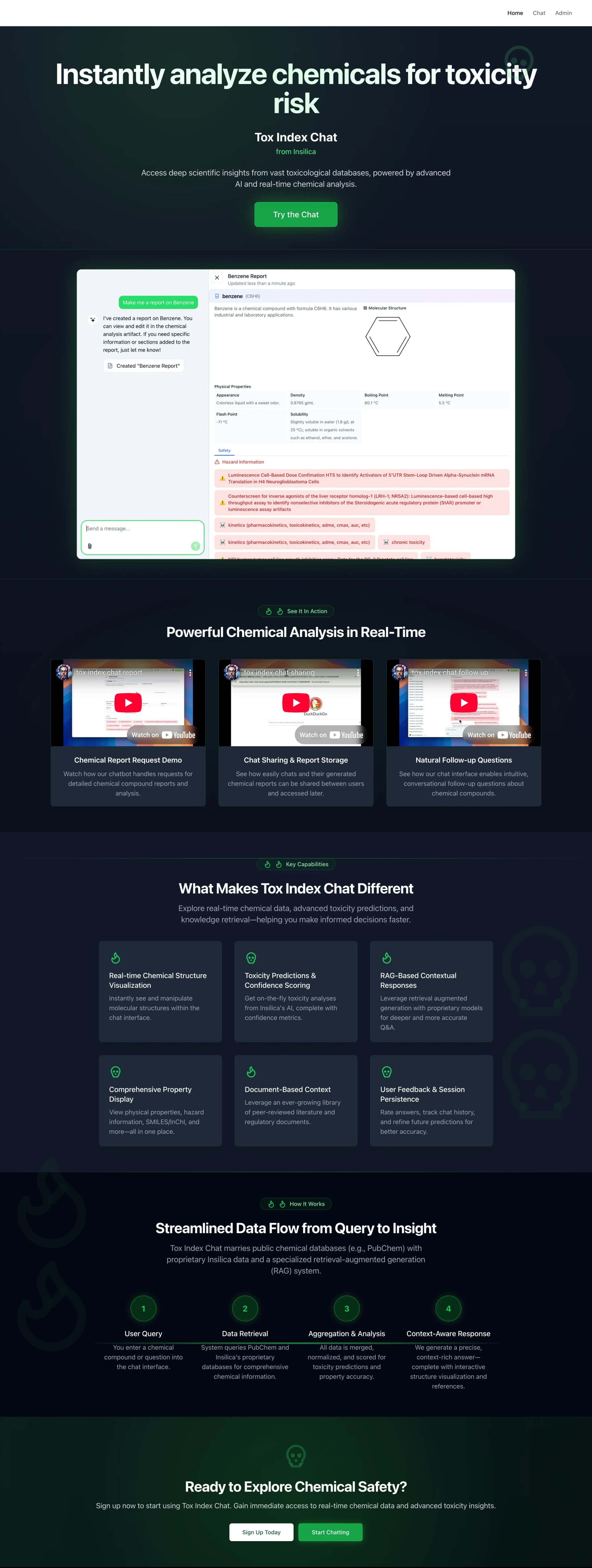 Toxindex is a GenAI chatbot that does RAG with a proprietary chemical toxicity prediction model